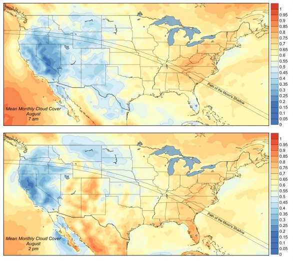 Průměrný výskyt oblačnosti nad USA v den zatmění dopoledne (nahoře) a odpoledne (dole). Čím je barva více do modra, tím méně oblačnosti se nad danou lokalitou 21. srpna očekává. Autor: Jay Anderson/Eclipsophile.com