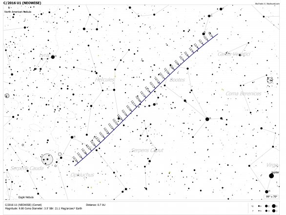 Vyhledávací mapka pro kometu C/2016 U1 NEOWISE. Mějte na paměti, že mapka má dosah jen 7. magnitudy, kometa je velmi difúzní a bude tedy třeba vyhledat detailnější mapku pro daný den, kdy se rozhodnete pozorovat. Autor: Cometchasing.skyhound.com