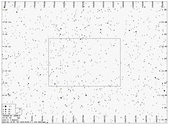 Poloha zakrývané hvězdy při zákrytu dvojplanetkou Kalliope-Linus 24. prosince 2016 - detailní mapka. Autor: Steve Preston.