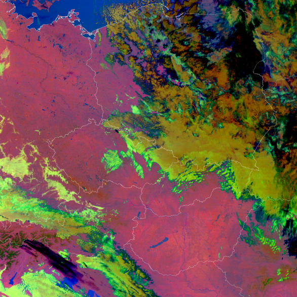 Ukázky snímků ze družice Suomi-NPP pro noc s airglow 2./3. prosince nad Slovenskem a Maďarskem - noční mikrofyzikální RGB produkt. Autor: Družice Suomi NPP.