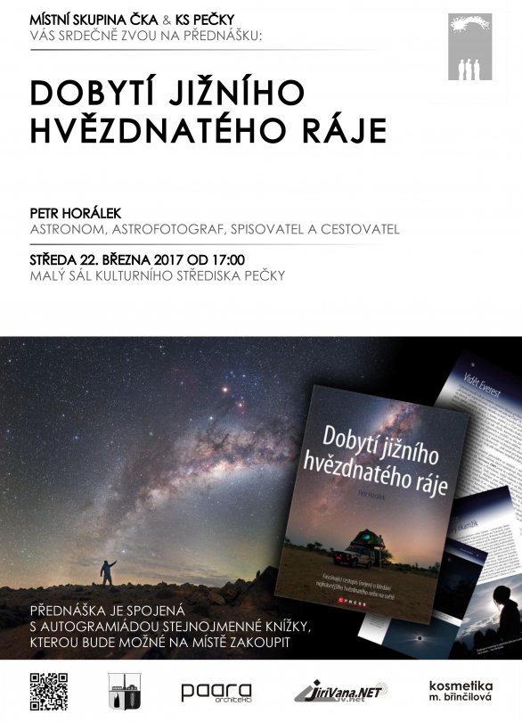 Přednáška Dobytí jižního hvězdnatého ráje 22. března 2017 v Pečkách. Autor: KSM Pečky.