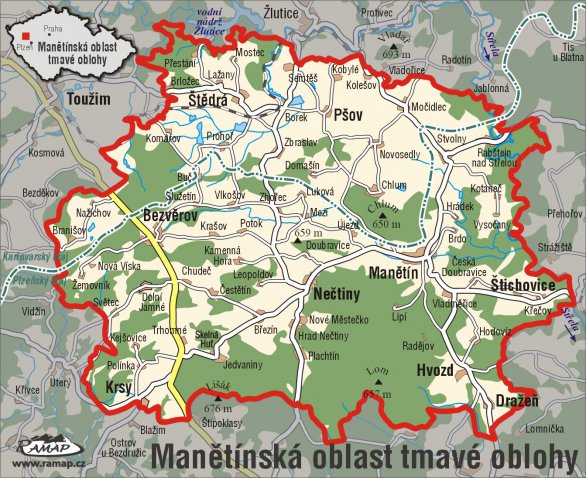 Mapa Manětínské oblasti tmavé oblohy. Autor: MOTO.