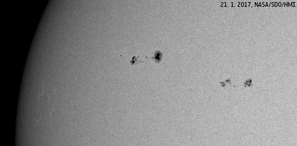 Skvrny na povrchu Slunce 21. ledna 2017 Autor: NASA/SDO/HMI