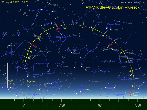 Dráha komety 41P/Tuttle-Giacobini-Kresák na jarní ranní obloze 2017 v době její největší jasnosti. Autor: http://hemel.waarnemen.com