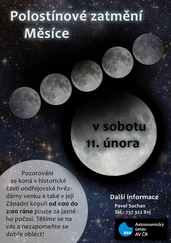 Přijďte s námi pozorovat polostínové zatmění Měsíce 11. února 2017 časně ráno. Autor: AsÚ AV ČR