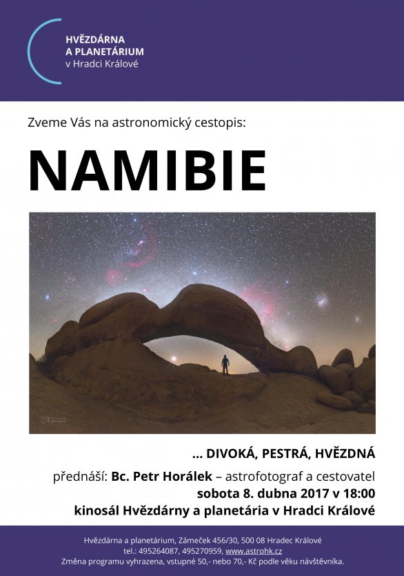Přednáška Namibie... divoká, pestrá, hvězdná ve Hvězdárně a planetáriu HK 8. dubna 2017 od 18 hodin. Autor: HP Hradec Králové.