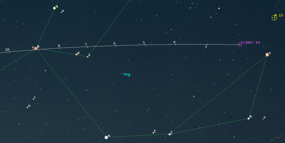 Poloha komety C/2017 E4 (Lovejoy) ve 14. týdnu 2017. Data: Guide 9