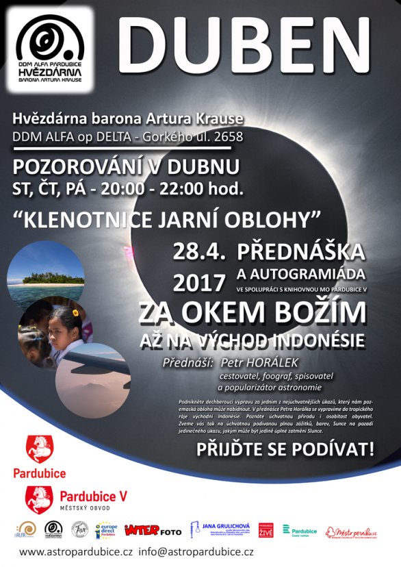 Program pardubické hvězdárny na duben 2017. Autor: Hvězdárna Pardubice.