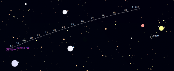 Mapa poloh komety C/2015 V2 (Johnson) v 16. a 17. týdnu 2017. Data: Guide 9