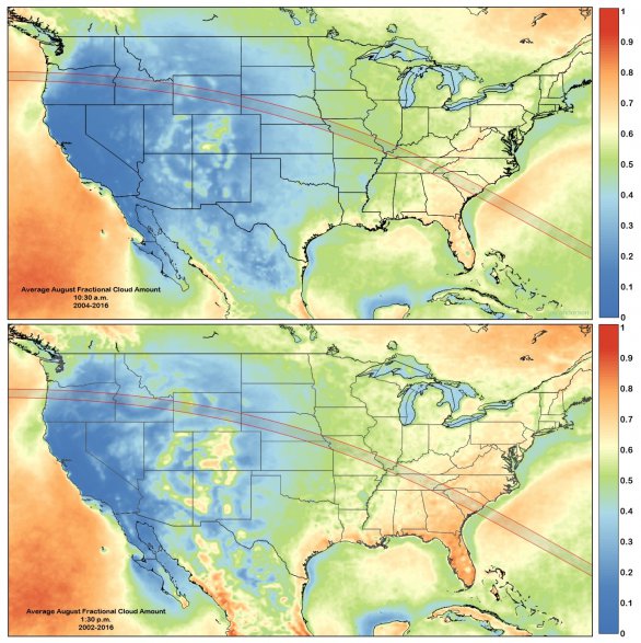 Obr. 2.: Statistika výskytu oblačnosti v ranních a dopoledních hodinách nad územím USA pro den zatmění (21.8.20170. Autor: Jay Anderson/Eclipsophile.com