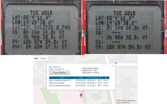 Obr. 12.:Parametry zatmění určené aplikaci GPS-ECLIPSE-INO a porovnání se stejnými hodnotami ze stránek NASA (údaje se týkají zatmění Slunce z 20.3.2015, které z území ČR bylo pozorováno jako částečné). Autor: Stanislav Daniš