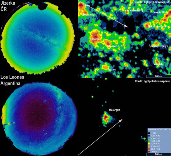 Porovnání dvou lokalit na mapách z webu lightpollution.info a realita na celooblohovkách Autor: Martin Mašek