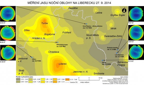 Porovnání mapy a snímků oblohy během měření jasu noční oblohy v jedné z nocí Autor: Martin Mašek, mapa F. Falchi et al.