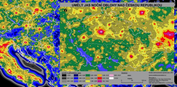 Mapa umělého jasu noční oblohy. Upraveno podle atlasu z roku 2016 Autor: Martin Mašek, originální data F. Falchi et al.