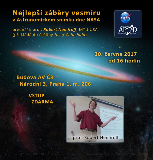 Prof. Robert Nemiroff popřednáší o Astronomickém snímku dne NASA v Praze 30. června 2017. Autor: ČAS.