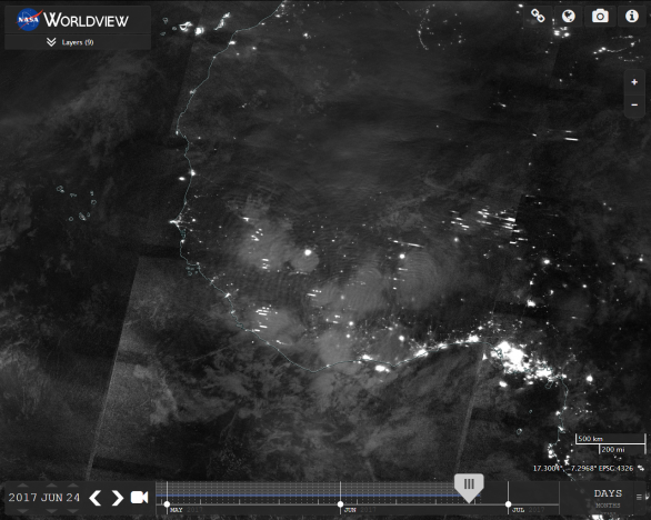 Ukázkový náhled snímku z družice NPP na serveru EOSDIS Worldview. Autor: NPP, DNB-NASA, Worldview.