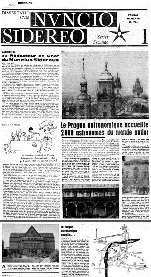 Faksimile titulní stránky 1. čísla deníku "Dissertatio cum Nuncio Sidereo II", jež vyšlo pro účastníky XIII. valného shromáždění IAU, 20. 8. 1967. Konalo se v PF UK, jejíž fotografie je rovněž na titulní stránce zobrazena Autor: Jiří Grygar