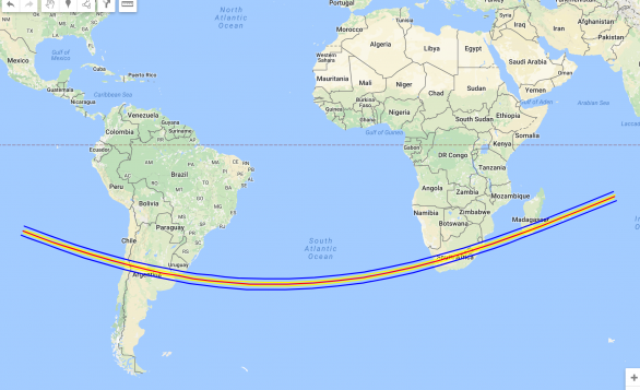 Pás zákrytu procházející Argentinou a Jižní Afrikou Stín se pohyboval po povrchu rychlostí 24 km/s.