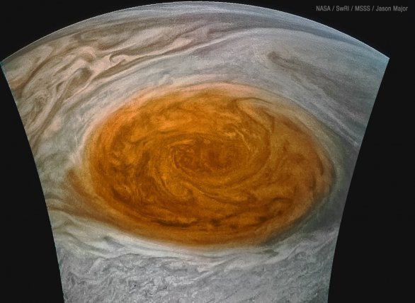 Detail GRS (Great Red Spot = Velké červené skvrny) na Jupiteru Autor: NASA/SwRI/MSSS/Jason Major