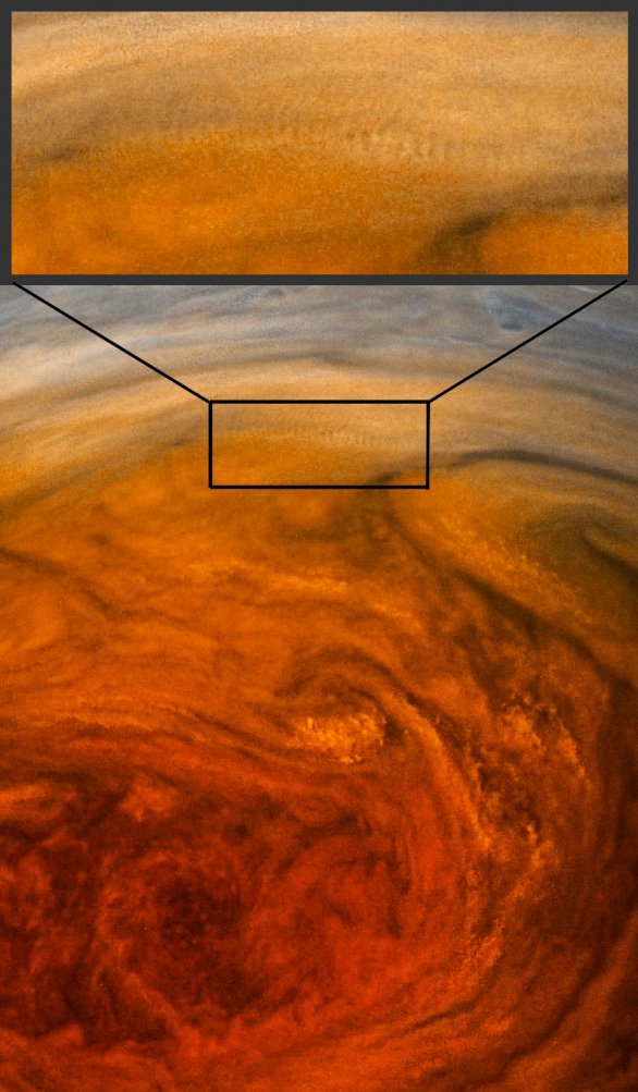 Pruhy v oblačnosti v horních partiích GRS Autor: NASA/SwRI/MSSS/Gérald Eichstädt/Séan Doran