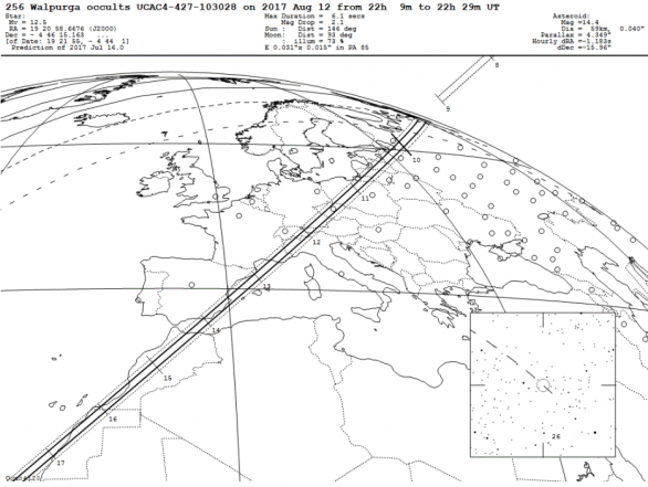 Zákryt hvězdy planetkou Walpurga, mapa Evropy