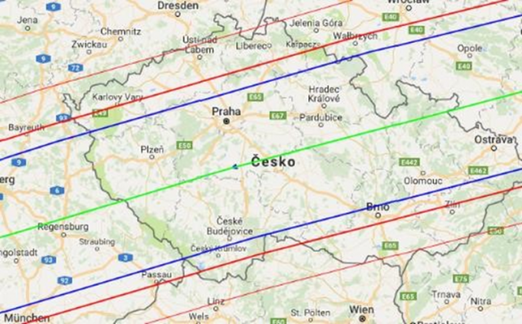 Trasa stínu planetky Isolda při zákrytu 11. 12. 2017