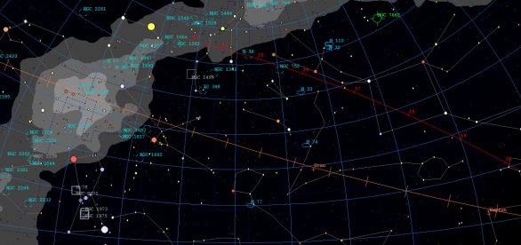 Dráha planetky Phaethon (červenou čarou) mezi 12. až 20. prosincem 2017 na obloze. Autor: Martin Mašek, Guide9