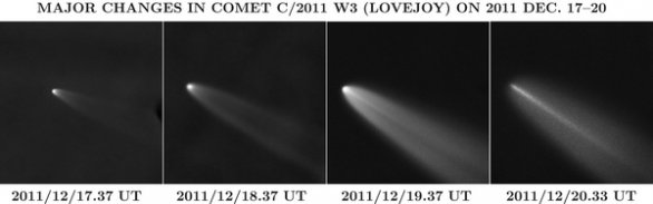 Rozpad kométy C/2011 W3 (Lovejoy), pozorovaný robotickým teleskopom FRAM, snímal Jan Ebr. Autor: Fyzikální ústav AV ČR v. v. i.