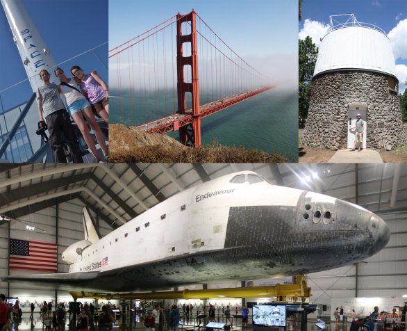 Miesta, ktoré fanúšik vesmíru a kozmonautiky musí vidieť! Hore: prvný stupeň rakety Falcon9, Golden Gate Bridge, kupola Lowell Observatory, odkiaľ bolo objavené Pluto. Dole: raketoplán Endeavour v California Science Center, Los Angeles. Autor: Martin Mašek