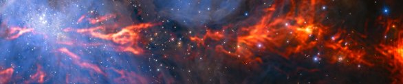 Snímek kombinuje červeně zobrazenou mozaiku záběrů pořízených v pásmu milimetrových vln pomocí radioteleskopů ALMA a IRAM  s do modra laděnou fotografií stejného pole v oboru infračerveného záření. Ta byla získána přístrojem HAWK-I na dalekohledu ESO/VLT a vzhledově více připomíná běžný pohled na tento objekt ve viditelném světle. Skupina jasných hvězd v levém horním rohu je Trapez (Trapezium Cluster) – malá hvězdokupa mladých horkých hvězd starých pouze několik milionů let. Kredit: ESO/H. Drass/ALMA (ESO/NAOJ/NRAO)/A. Hacar Autor: ESO/H. Drass/ALMA (ESO/NAOJ/NRAO)/A. Hacar