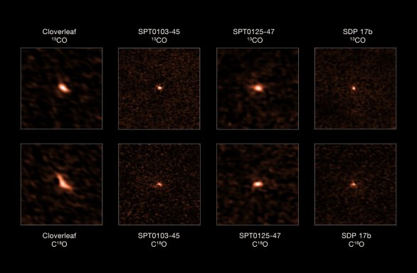 Mozaika  snímků čtveřice galaxií s překotnou tvorbou hvězd jak je zachytil teleskop ALMA. Snímky v horní řadě představují pro každou galaxii záznam emise molekuly 13CO, dolní řada pak ukazuje emise molekuly C18O. Poměrné zastoupení těchto izotopologů molekuly CO astronomům umožnilo určit, že sledované galaxie mají přebytek hmotných hvězd. Autor: ALMA (ESO/NAOJ/NRAO), Zhang et al.