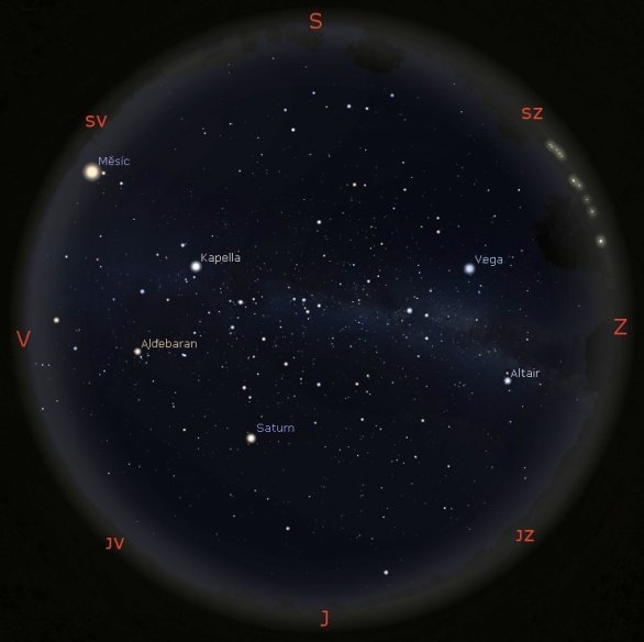Vzhled oblohy v programu Stellarium 21. srpna 1968 ve 3:00 SELČ
