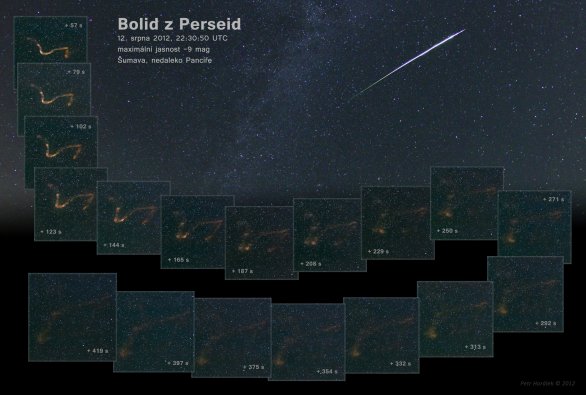 Pozoruhodný bolid z Perseid z roku 2012. Autor: Petr Horálek.