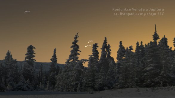 Konjunkce Jupiteru a Venuše 24. listopadu 2019. Autor: Stellarium.