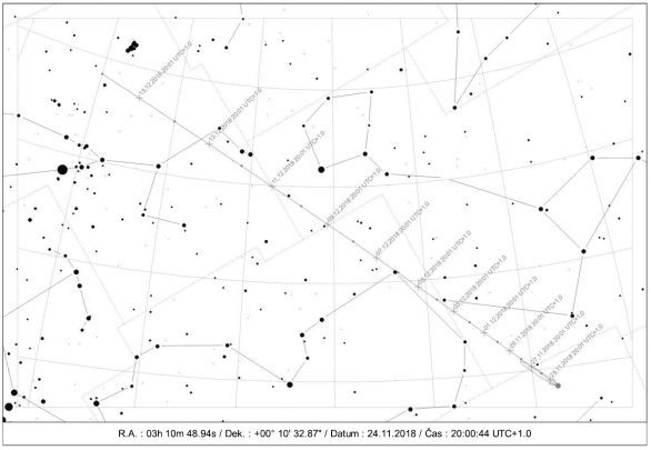 Poloha komety 46P/Wirtanen ve 20 hod SEČ do poloviny prosince 2018 Autor: SkytechX