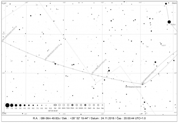 Polohy komety 38P/Stephan-Oterma ve 22 hod do konce první prosincové dekády 2018 Autor: SkytechX