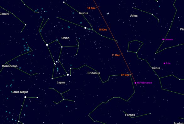 Mapka pro nalezení komety Wirtanen. Autor: Astronomy Edinburgh.