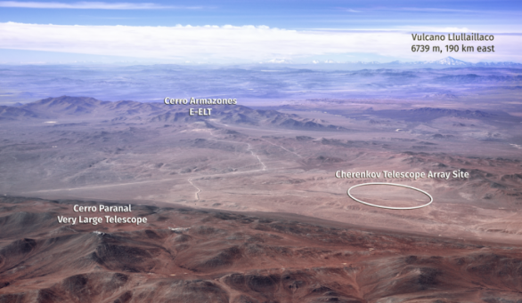 Umístění jižní části CTA poblíž Cerro Paranal (VLT) a Cerro Armazones (E-ELT) Autor: ESO