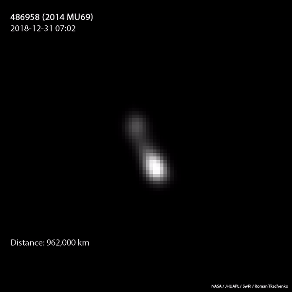Rotace planetky Ultima Thule podle snímků New Horizons z 31. 12. 2018 Autor: NASA/JHUAPL/SWRI/R. Tkachenko