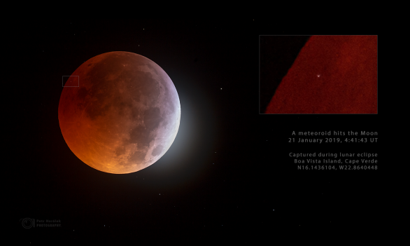 Měsíc během zatmění 21. ledna 2019 zasáhl malý asteroid. Autor: Petr Horálek.