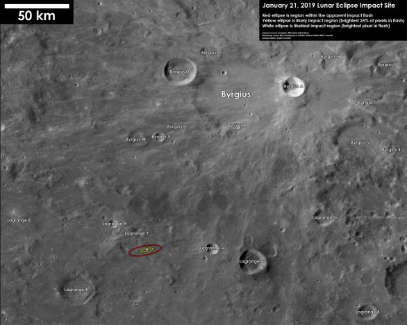 Předpokládané místo dopadu malého asteroidu během zatmění Měsíce 21. ledna 2019 (označeno oválem vlevo dole od středu). Autor: Justin Cowart.