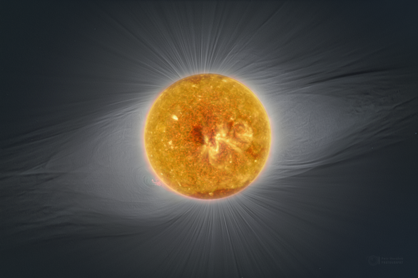 Kombinovaný snímek z dat družice SDO a sluneční koróny zachycené z La Silla během úplného zatmění Slunce ukazuje na jevy v magnetickém poli naší hvězdy. Autor: ESO/P. Horálek/SOHO (NASA&ESA)/SDO (NASA).
