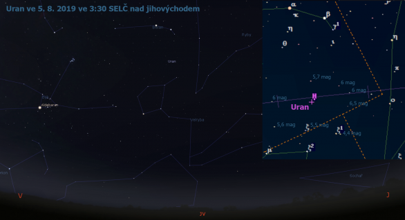 Uran v srpnu 2019, mapa s jasem okolních hvězd (Stellarium, Guide 9)