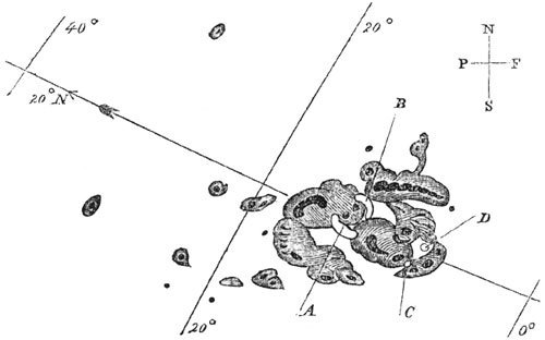 Sluneční skvrny zakreslené 1. září 1859 Richardem Carringtonem. V místech A a B se objevily jasné laloky "bílé erupce" následované na konci úkazu zjasněními v místech C a D. Nejjasnější erupce jdou vidět i mimo čáru h-alfa, jako v tomto případě, ale musíme být ve správný čas u dalekohledu. Po erupci následovala silná geomagnetická bouře a extrémní polární záře Autor: Richard Carrington
