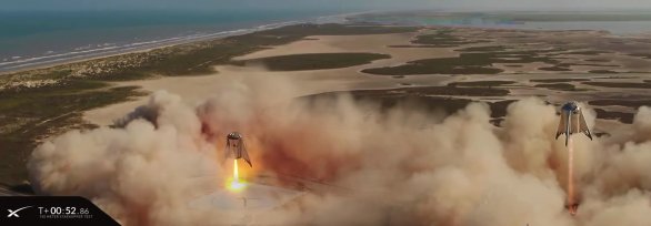 Kompozice dvou záběrů z videozáznamu letu Starship Hopperu, po startu a před přistáním. Autor: SpaceX