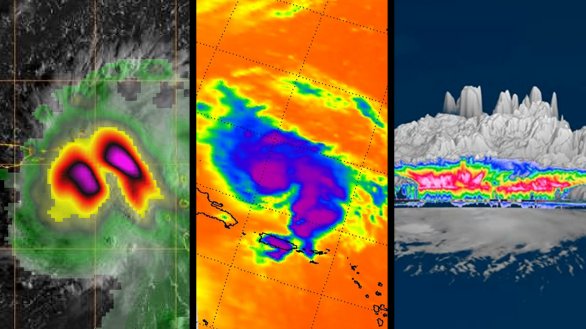 Tři různé pohledy na tropickou bouři/hurikán Dorian z družice Aqua, TEMPEST-D a CloudSat