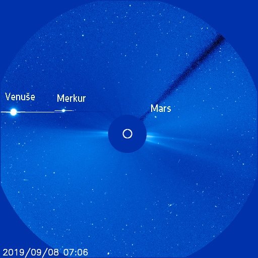 Planety v koronografu SOHO LASCO C3 8. 9. 2019 Autor: SOHO/ESA/NASA