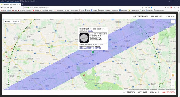 Pás viditelnosti přechodu přeletu ISS přes Měsíc 15. září 2019 na Pardubicku. Autor: Transit-finder.com