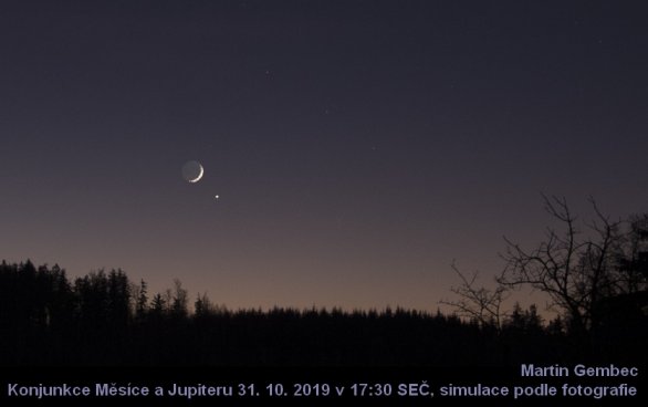 Konjunkce Měsíce a Jupiteru 31. 10. 2019 (simulace podle fotografie) Autor: Martin Gembec