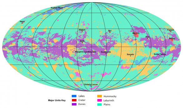 Geologická mapa Titanu z radarových a infračervených dat sondy Cassini Autor: NASA/JPL-Caltech/ASU